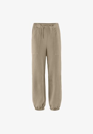 Lichtbruine casual broek met elastische boorden, trekkoord in de taille en twee voorzakken met klep, op een effen achtergrond.
