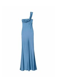 Ein einseitiges, blaues Satin-Kleid mit einem drapierten Ausschnitt, tailliertem Oberteil und fließendem Rock, der eine glatte Textur und eine elegante Silhouette präsentiert.