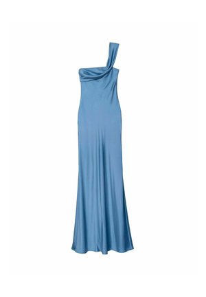 Vestido de satén azul con un solo hombro, escote drapeado, corsé ajustado y falda fluida, que destaca por su textura suave y silueta estilizada.