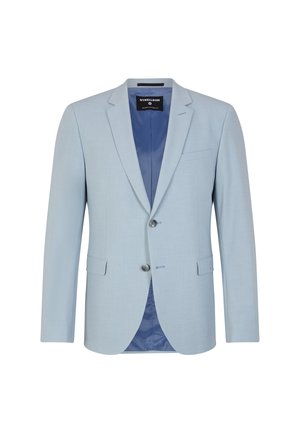 Světle modrý blazer s hladkou texturou, dvěma knoflíky a jednou náprsní kapsou. Podšívka je tmavě modrá. Přizpůsobený design s dlouhými rukávy.