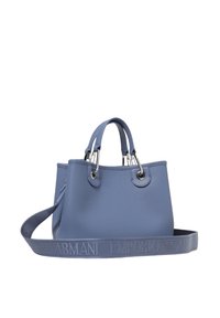 Borsa a tracolla blu con texture, manici superiori doppi e una tracolla removibile, caratterizzata da un nome del marchio in rilievo. Dettagli in metallo color argento.