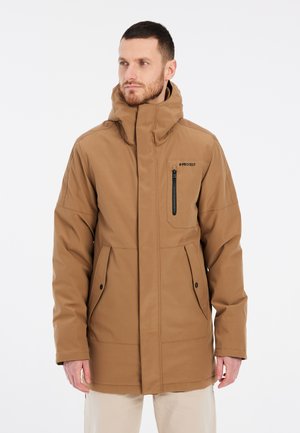 Brown waterproof parka jacket with a high collar, zippered chest pocket, and front hand pockets. Features a smooth texture and durable design.