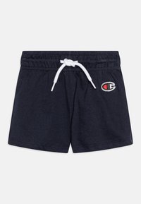 Shorts de bain bleu marine en tissu doux, dotés d'une taille élastique avec un cordon blanc et d'un petit logo brodé sur le devant.
