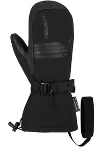 Black mittens made of soft fabric and leather. Features a zippered pocket, adjustable strap, and elastic closure for secure fit.