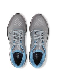 Gray athletic shoes with a textured surface, light blue accents, and traditional laces. Features a cushioned collar and patterned interior lining.