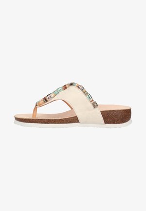 Lightweight flip-flop sandal in cream leather with a cork sole. Features a multi-colored bead accent along the strap and a smooth footbed.