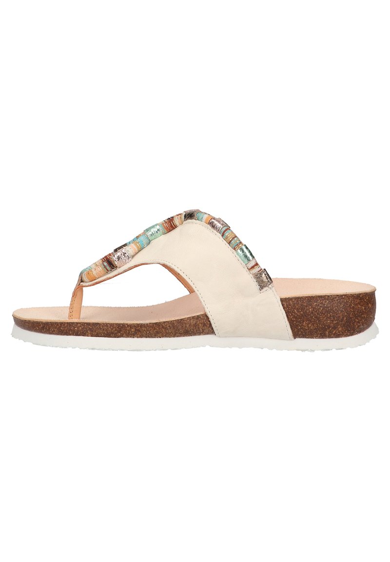Leichte Flip-Flop-Sandale aus cremefarbenem Leder mit Korksohle. Verfügt über einen mehrfarbigen Perlenakzent entlang des Riemens und ein glattes Fußbett.