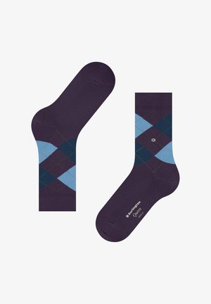 Chaussettes violettes avec un motif losange argyle en nuances de bleu et de vert. Matière douce et bordures côtelées ; logo imprimé sur la semelle.