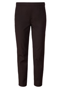 Pantalons slim-fit noirs sur mesure avec poches avant et taille plate, présentés sur un fond blanc.