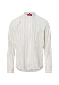 Camicia a maniche lunghe con bottoni in bianco sporco, caratterizzata da sottili righe verticali. Presenta un colletto a bandana e un tessuto morbido e testurizzato.