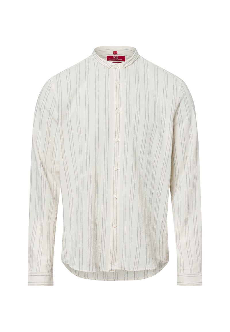 Camicia a maniche lunghe con bottoni in bianco sporco, caratterizzata da sottili righe verticali. Presenta un colletto a bandana e un tessuto morbido e testurizzato.