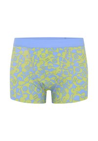 Boxer shorts bleus et verts ornés d'un motif ludique de visages souriants et de formes, fabriqués en coton doux avec une taille confortable.