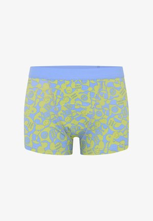 Blue and green boxer shorts featuring a playful pattern of smiley faces and shapes, made from soft cotton material with a comfortable waistband.