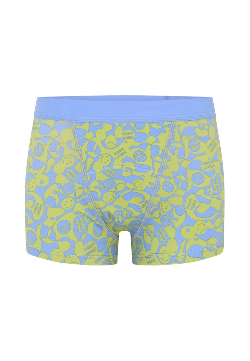 Boxer shorts bleus et verts ornés d'un motif ludique de visages souriants et de formes, fabriqués en coton doux avec une taille confortable.