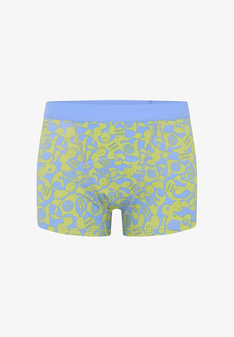 Boxer shorts bleus et verts ornés d'un motif ludique de visages souriants et de formes, fabriqués en coton doux avec une taille confortable.