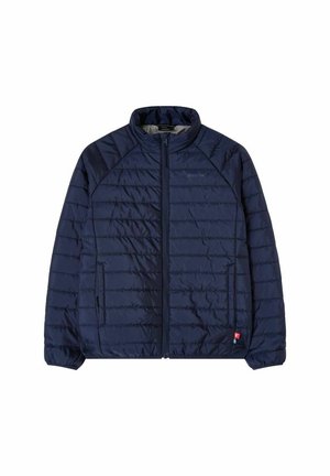Navyblå let vægt quiltet jakke med frontlynlås, høj krave, sidelommer og elastiske manchetter, egnet til koldt vejr.