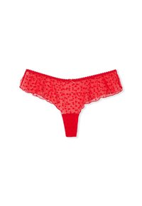 Roter transparenter Spitzen-String mit herzförmigen Mustern, gerafftem Bund und kleinem Schleifendetail in der vorderen Mitte.