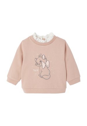 Helles pinkes Sweatshirt mit langen Ärmeln, versehen mit einem strukturierten weißen Spitzenkragen und einer grauen Illustration einer Katze mit dem Namen "Marie."