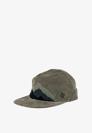 Green corduroy cap featuring a mountain range design in varied shades of green and black, with a logo accent on the side.