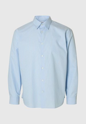 Light blue long-sleeve shirt made of cotton. Features a button-down collar, front buttons, and subtle vertical stripes in lighter shades.