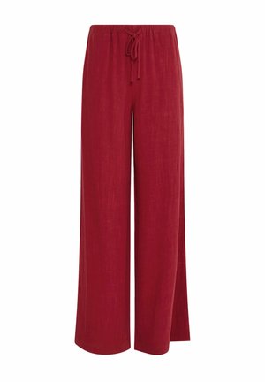 Pantaloni rossi a gamba larga con vita elastica e coulisse anteriore, realizzati in tessuto leggero e strutturato.