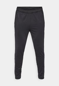 Schwarze sportliche Jogginghosen mit elastischem Bund, schmal zulaufenden Beinen und Seitentaschen. Hergestellt aus einem glatten, leichten Material.