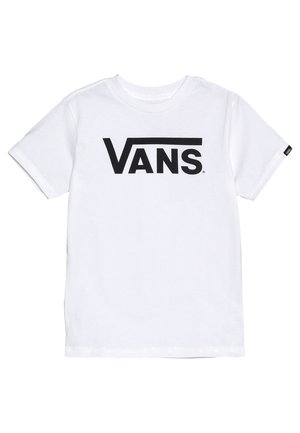 Biały t-shirt z krótkim rękawem, z czarnym logo "VANS" na środku klatki piersiowej, okrągłym dekoltem i małą czarną metką na lewym rękawie.