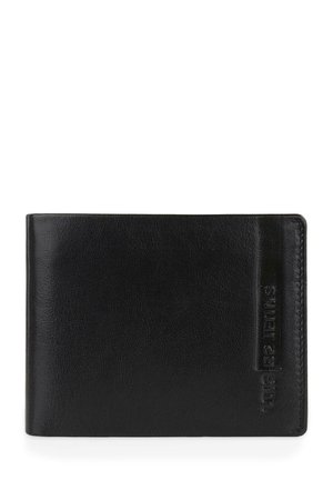 Cartera de cuero negro con una superficie texturizada, diseño delgado, logo grabado en la parte frontal y costuras limpias a lo largo de los bordes.