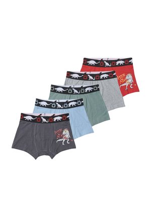 Cinco pares de bóxer de algodón en gris, rojo, verde, azul claro y gris, con patrones de dinosaurios y un diseño gráfico en la parte frontal.