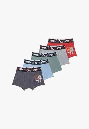 Cinco pares de bóxer de algodón en gris, rojo, verde, azul claro y gris, con patrones de dinosaurios y un diseño gráfico en la parte frontal.