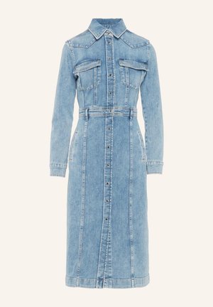 Denim shirt dress in light blue with long sleeves, button-down front, two chest pockets, cinched waist, and knee-length hem.
