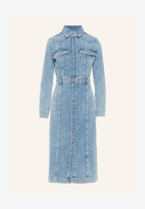 Denim shirt dress in light blue with long sleeves, button-down front, two chest pockets, cinched waist, and knee-length hem.