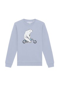 Sweatshirt bleu clair avec un graphisme d'un ours faisant du vélo. Tissu doux, col rond et manches longues avec des poignets côtelés.