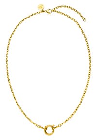Collier en chaîne dorée avec un détail de fermoir rond, présentant des maillons entrelacés, une finition brillante et une longueur ajustable.