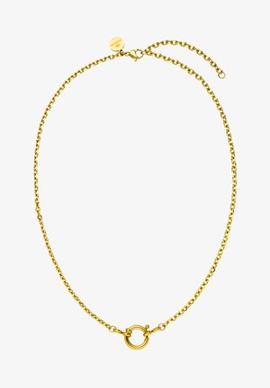 Goldkette mit runder Verschlussdetail, bestehend aus ineinandergreifenden Gliedern, glänzender Oberfläche und verstellbarer Länge.