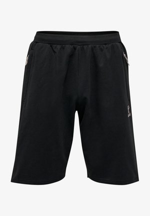 Zwarte shorts van zacht materiaal, met een elastische tailleband, zijzakken en een klein logo-detail aan de voorkant.
