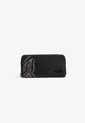 Black leather wallet with a textured finish, featuring white stitching, abstract line patterns, and a silver zipper. Accented with brand logo.