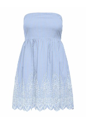 Rihmadeta sinine ja valge vertikaalsete triipudega kleit, millel on tikitud valge pitsiga ääreosa, istuv kehaosa ja lehvikukujuline seelik.