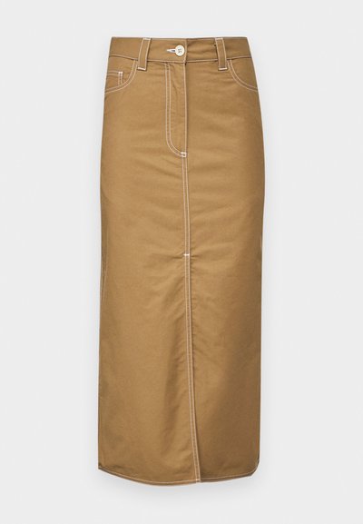 Gonna marrone di lunghezza media in tessuto resistente, con cuciture bianche, chiusura frontale con bottoni e due tasche laterali. Design a silhouette dritta.