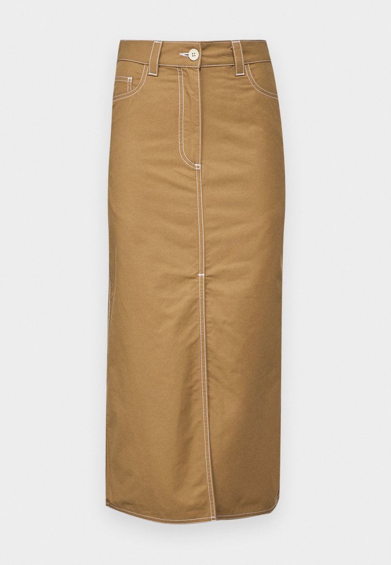 Falda marrón de longitud media en tejido duradero, con costuras blancas, cierre frontal de botones y dos bolsillos laterales. Diseño de silueta recta.