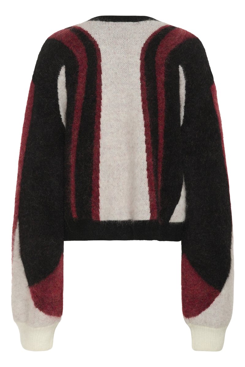 Maglione fuzzy a maniche lunghe con strisce curve e verticali nere, rosse e bianche, fit corto e polsini bianchi a coste.