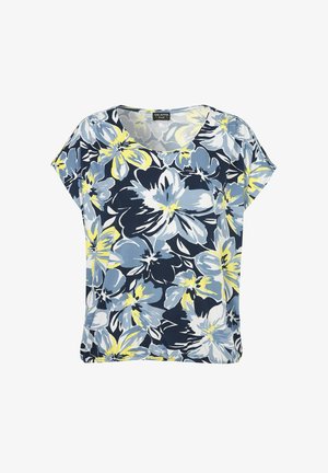 Floral short-sleeve top featuring a navy base with light blue, yellow, and white flowers. Soft fabric, scoop neckline, relaxed fit.
