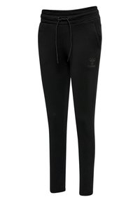 Svarta sweatpants med dragsko i midjan, tillverkade av mjukt material, med sidofickor och en svart logotyp tryckt på vänstra låret.