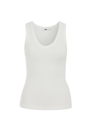 Bílé bezrukávové žebrované tílko s výstřihem do V a přiléhavým pasem, zobrazené na jednobarevném bílém pozadí.