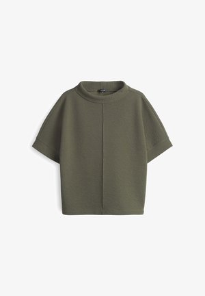 Kurzärmliges Oberteil in Olivgrün mit strukturierten Oberfläche, hohem Kragen und geradem Schnitt mit weiten Ärmeln. Einfaches, modernes Design.