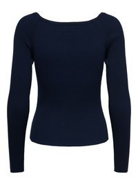 Pull ajusté en maille bleu marine à manches longues et col large légèrement dégagé.