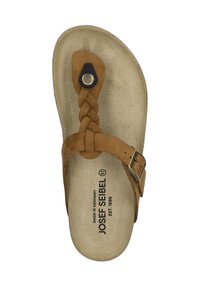 Sandal in pelle marrone con una fascia intrecciata, dettaglio della fibbia e sottopiede sagomato. Presenta una tomaia in suede beige e il logo del marchio stampato.