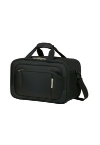 Sac de voyage noir avec un tissu texturé durable, des poignées doubles, une sangle d'épaule réglable, une poche zippée à l'avant et des accents en métal.