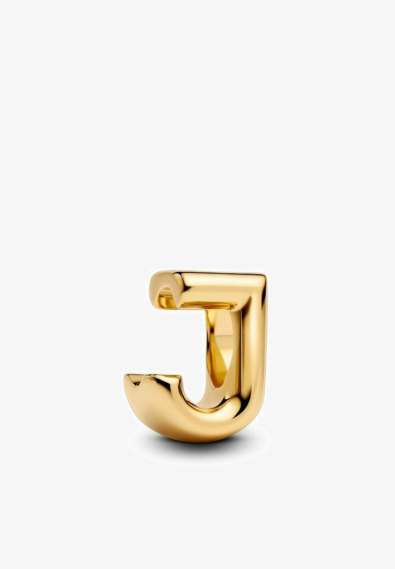 Orecchino a forma di lettera "J" in oro con superficie lucida. Presenta un design unico con ritagli e bordi arrotondati per un aspetto contemporaneo.