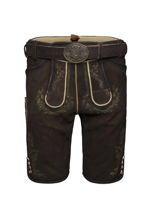 Dunkelbraune traditionelle Lederhosen mit kunstvollen Stickereien, dekorativen Knöpfen an den Beinen und einem Gürtel mit einer aufsätzenden Metallschnalle.
